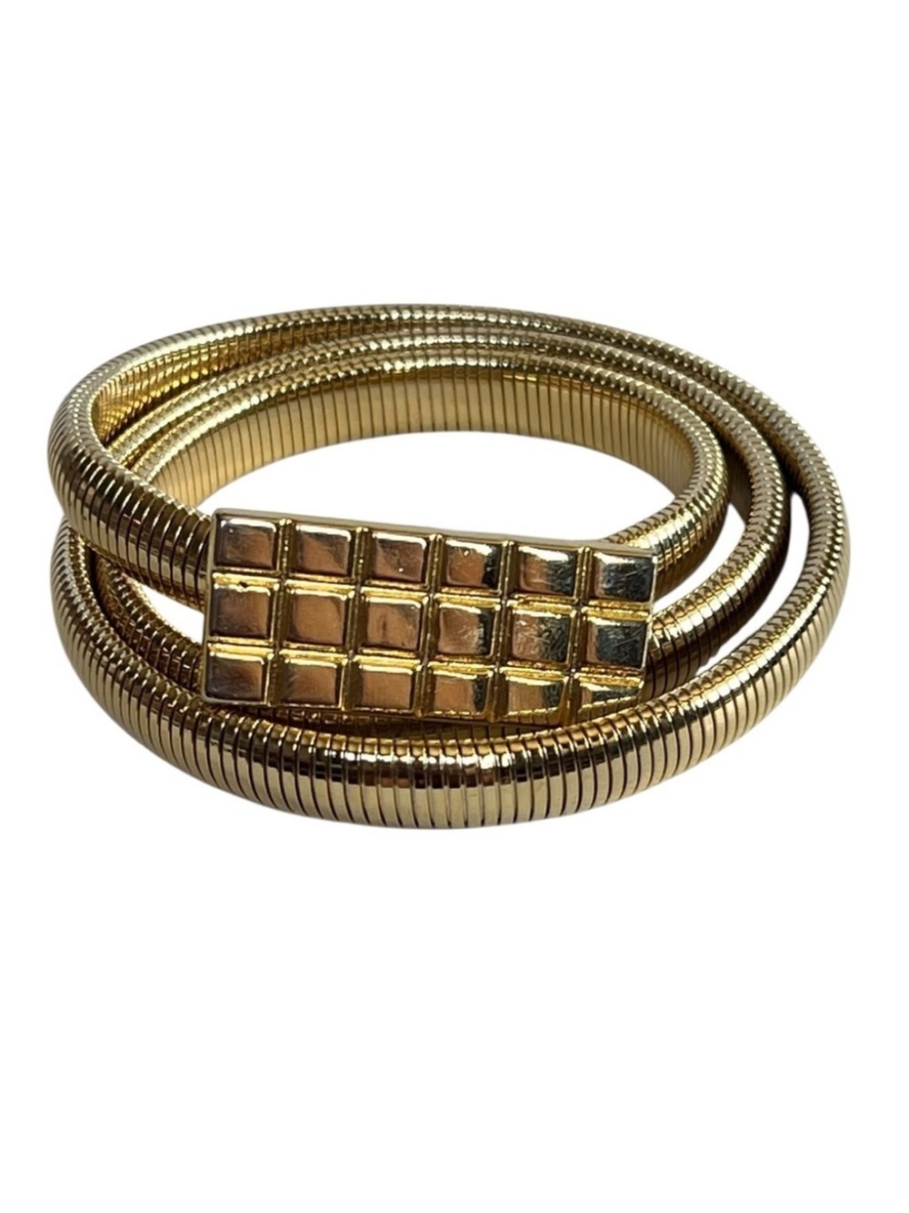 Vintage 70s Goldtone Thin Stretch Waist Belt with Grid Buckle
